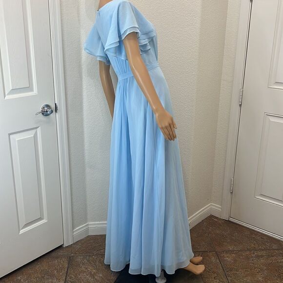 JJ’S House Formal Womans Dress Blue Scoop Neck Flutter Sleeve Maxi Sheer Lined - Picture 7 of 11